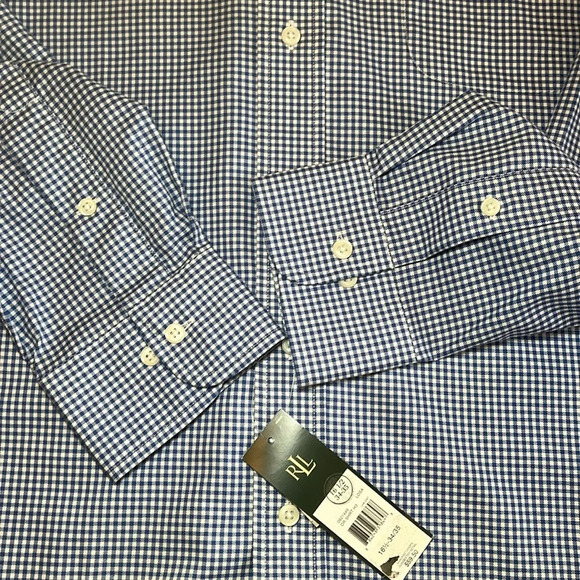 NWT LRL Cotton Dress Shirt Long Sleeve Men's 16.5 34/35 Blue White Check Preppy - Picture 12 of 16